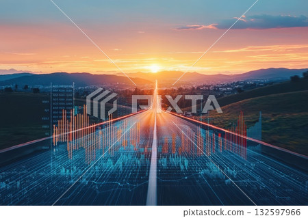 Futuristic Digital Highway with Data Visualization and Beautiful Sunset Over Mountains 132597966