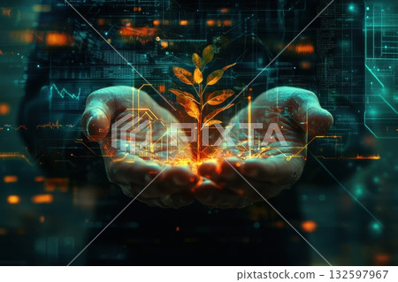 Hands Holding Young Plant with Digital Data Visualization in Futuristic Background 132597967