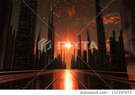 Futuristic Cityscape with Skyscrapers and Radiant Sunset Over Urban Horizon 132597971