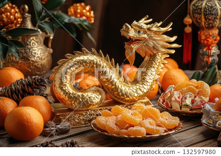 Golden Dragon Statue Surrounded by Oranges and Festive Decorations for Celebrations Golden Dragon Statue Surrounded by Oranges and Festive Decorations for Celebrations 132597980