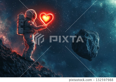 Astronaut Holding Glowing Heart Symbol in Space Near Asteroid and Starry Background Astronaut Holding Glowing Heart Symbol in Space Near Asteroid and Starry Background 132597988