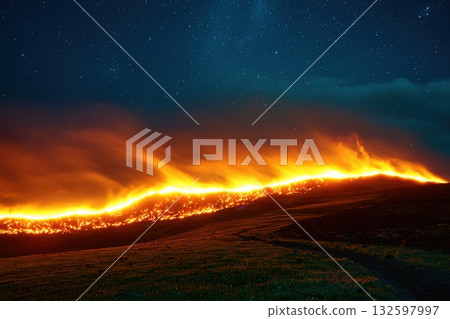 Majestic Night Landscape with Vibrant Flames Illuminating the Dark Sky and Stars Above 132597997