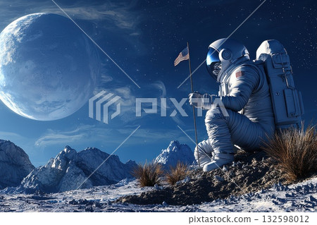 A man in a spacesuit is standing on a snowy mountain and holding a flag A man in a spacesuit is standing on a snowy mountain and holding a flag 132598012