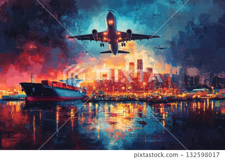 A painting of an airplane flying over a city with a large ship in the background 132598017
