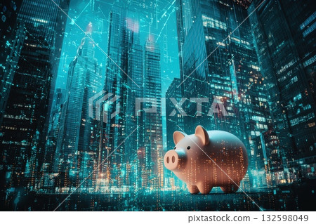 A pig is standing in front of a city skyline 132598049