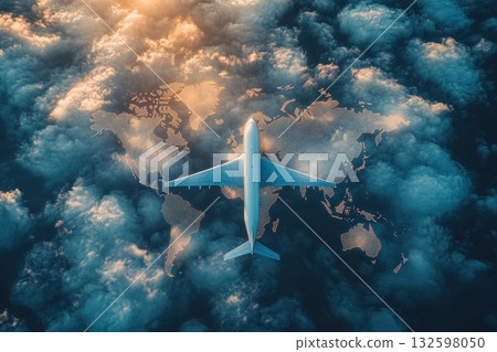 Airplane Flying Over a Cloudy World Map During Sunset with Warm Light Reflections 132598050