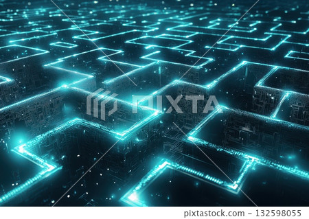 Futuristic Neon Maze with Glowing Circuit Patterns in Abstract Digital Space Exploration Futuristic Neon Maze with Glowing Circuit Patterns in Abstract Digital Space Exploration 132598055