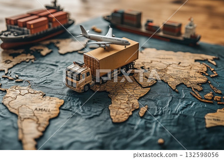 Transport and Logistics Concept with Model Airplane, Truck, and Ships on World Map 132598056