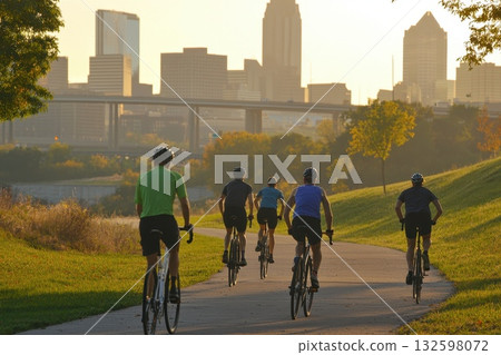 Cyclists Riding on Pathway with City Skyline at Sunset in Urban Environment Cyclists Riding on Pathway with City Skyline at Sunset in Urban Environment 132598072