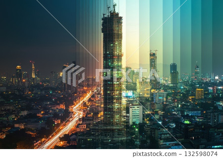 High-Rise Building Construction at Dusk Overlooking a Bustling Cityscape with Illuminated Skyline High-Rise Building Construction at Dusk Overlooking a Bustling Cityscape with Illuminated Skyline 132598074