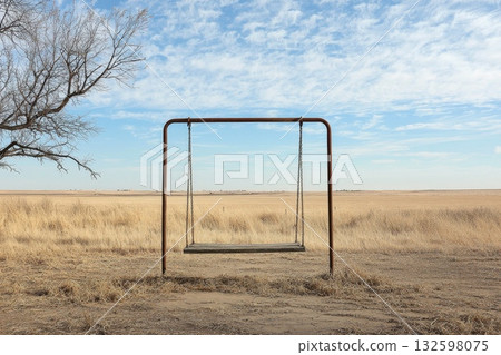 Isolated Swing Set Against Expansive Sky and Meadow Landscape in Rural Setting Isolated Swing Set Against Expansive Sky and Meadow Landscape in Rural Setting 132598075
