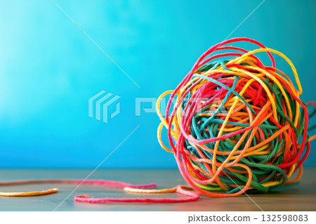 Colorful Yarn Ball on Wooden Surface with Soft Blue Background and Natural Light Effects Colorful Yarn Ball on Wooden Surface with Soft Blue Background and Natural Light Effects 132598083