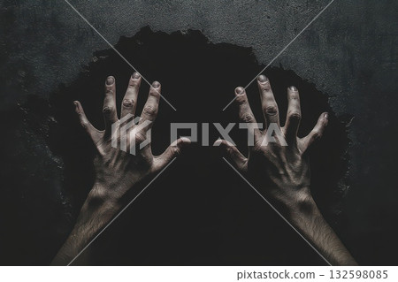 Dark Grunge Background With Hands Pushing Against Wall Symbolizing Struggle And Confinement Dark Grunge Background With Hands Pushing Against Wall Symbolizing Struggle And Confinement 132598085