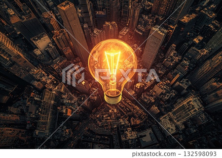 Aerial View of Urban Cityscape with Giant Light Bulb Symbolizing Innovation and Ideas 132598093