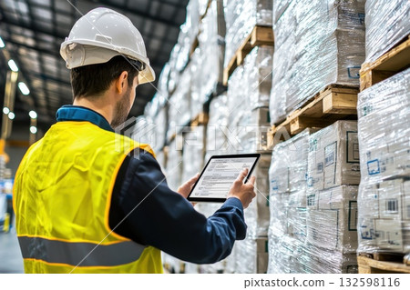 Professional in Safety Vest and Hard Hat Using Tablet to Check Logistics Inventory Professional in Safety Vest and Hard Hat Using Tablet to Check Logistics Inventory 132598116