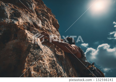 Climber Reaches for Next Hold on Rocky Cliff Under Bright Sky with Sunlight and Clouds 132598141