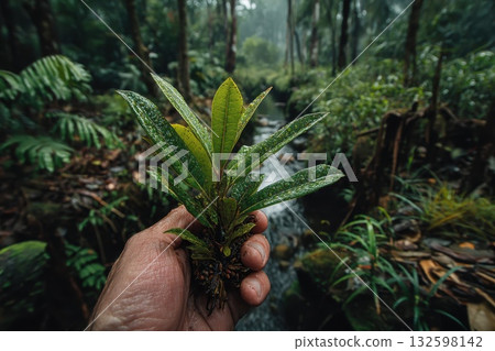 Close Up of Person's Hand Holding a Seedling in Lush Green Forest Setting 132598142