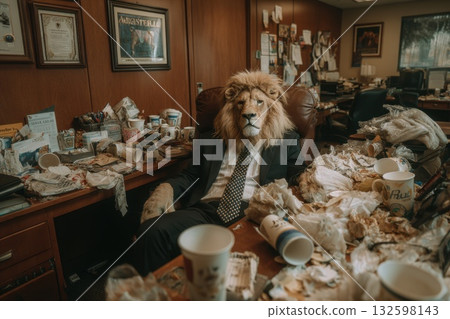 Lion in Black Suit and Tie Slouching in Office Surrounded by Messy Desk and Trash 132598143