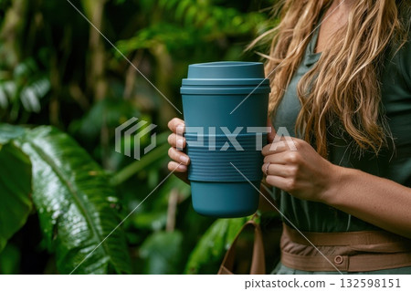 Young Woman Holding Reusable Silicone Coffee Cup Surrounded by Lush Greenery Young Woman Holding Reusable Silicone Coffee Cup Surrounded by Lush Greenery 132598151