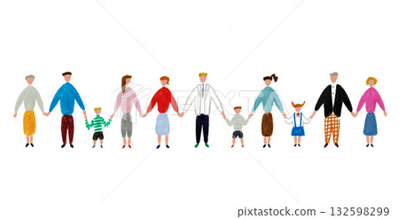 Hand-drawn illustration of women, men and children holding hands in a horizontal line 132598299