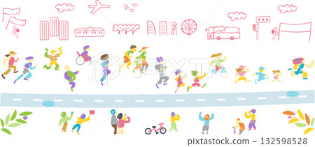 A diverse group of citizen runners running through the city — a symbolic illustration of people running for hope and the future 132598528