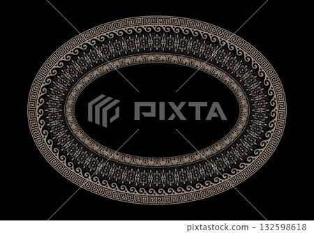 Arabic gold round frame on a black background. Greek key meander border.  Traditional egyptian, assyrian, greek motive. Arabic geometric texture.  For textile, embroidery, porcelain, engraving. 132598618