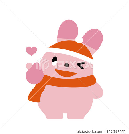 Winter rabbit making a finger heart pose 132598651