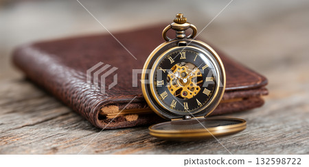 Vintage Pocket Watch on Leather Wallet 132598722