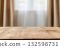 Empty Wooden Table with Blurred Curtains 132598731