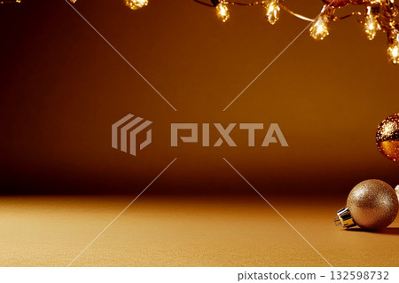 Christmas ornaments and lights on golden background Christmas ornaments and lights on golden background 132598732
