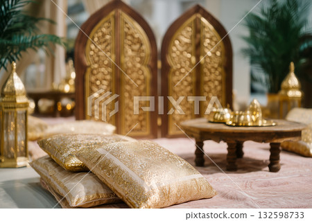 Luxurious Oriental Lounge Decor with Gold Accents Luxurious Oriental Lounge Decor with Gold Accents 132598733