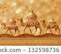 Golden Ornate Camels with Lanterns on Decorative Background 132598736
