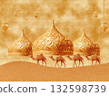 Golden domes and camels in desert illustration 132598739