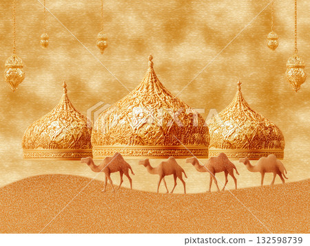 Golden domes and camels in desert illustration Golden domes and camels in desert illustration 132598739