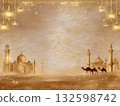 Golden Desert Night with Camels and Lanterns 132598742