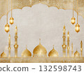 Golden Islamic Mosque Silhouette with Hanging Lanterns 132598743