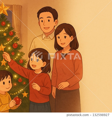 A warm winter landscape illustration of a family decorating a Christmas tree A warm winter landscape illustration of a family decorating a Christmas tree 132598927