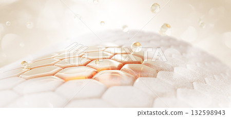 3d dry skin cells with redness and gold oil drops. Epidermis layer with red damaged spot, floating yellow fluid bubbles. Moisture, treatment of acne, rosacea, couperose or dermatitis. 3D illustration 3d dry skin cells with redness and gold oil drops. Epidermis layer with red damaged spot, floating yellow fluid bubbles. Moisture, treatment of acne, rosacea, couperose or dermatitis. 3D illustration 132598943