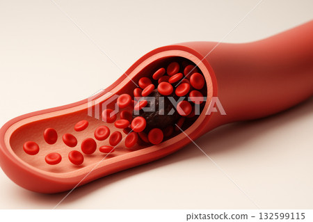 Concerning artery cross section with dark clot mass obstructing blood flow. Medical view of thrombus development and RBC accumulation representing serious stroke risk presentation Concerning artery cross section with dark clot mass obstructing blood flow. Medical view of thrombus development and RBC accumulation representing serious stroke risk presentation 132599115