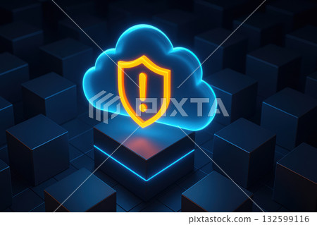 Cloud security alert concept with glowing shield symbol for data protection. serious cybersecurity threat warning over digital network, showcasing advanced technology for safety 132599116