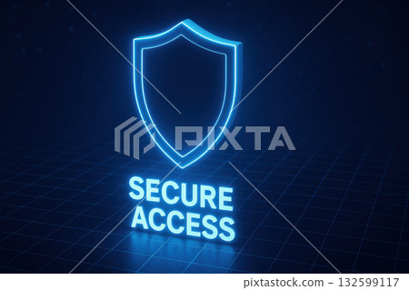 Glowing blue digital shield icon represents secure access concept. Modern cybersecurity symbol offers data protection, network safety, and reliable technology 132599117