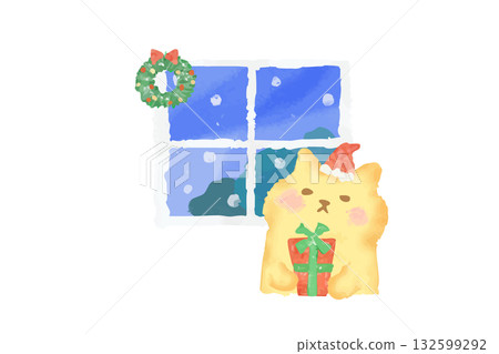 一幅描繪冬季的水彩插畫，一隻可愛的貓咪抱著一份聖誕禮物。 132599292