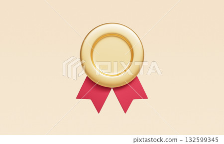 Gold Award Medal Badge with Red Ribbon Mock up. 3D Rendering. Gold Award Medal Badge with Red Ribbon Mock up. 3D Rendering. 132599345