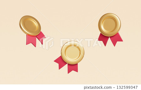Gold Award Medal Badge with Red Ribbon Mock up. 3D Rendering. Gold Award Medal Badge with Red Ribbon Mock up. 3D Rendering. 132599347