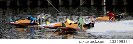 Racing boat splashing water Racing boat splashing water 132599384