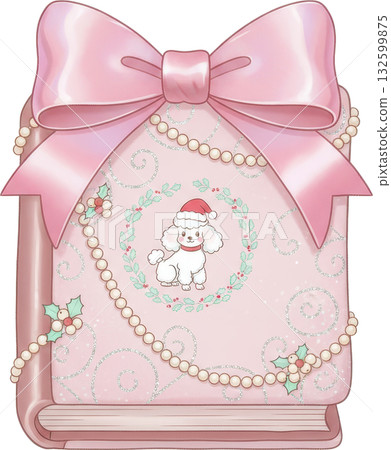 A charming Christmas themed book decorated with a pink bow and a poodle A charming Christmas themed book decorated with a pink bow and a poodle 132599875