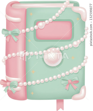 A pastel pink and mint green decorative book adorned with pearls and bows 132599877