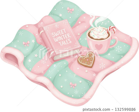 Cozy pastel winter scene with book hot chocolate and gingerbread cookie Cozy pastel winter scene with book hot chocolate and gingerbread cookie 132599886