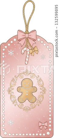 Pink Christmas gift tag with gingerbread man candy cane and festive details 132599895