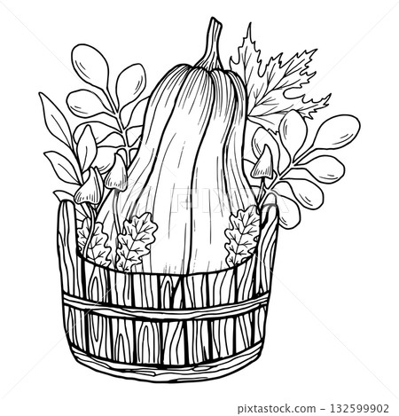Pumpkin with mushrooms and a maple leaf in a wooden garden basket. Cozy botanical vector composition. Hand drawn autumn graphics with outline and line drawings for Thanksgiving, seasonal decorations. 132599902